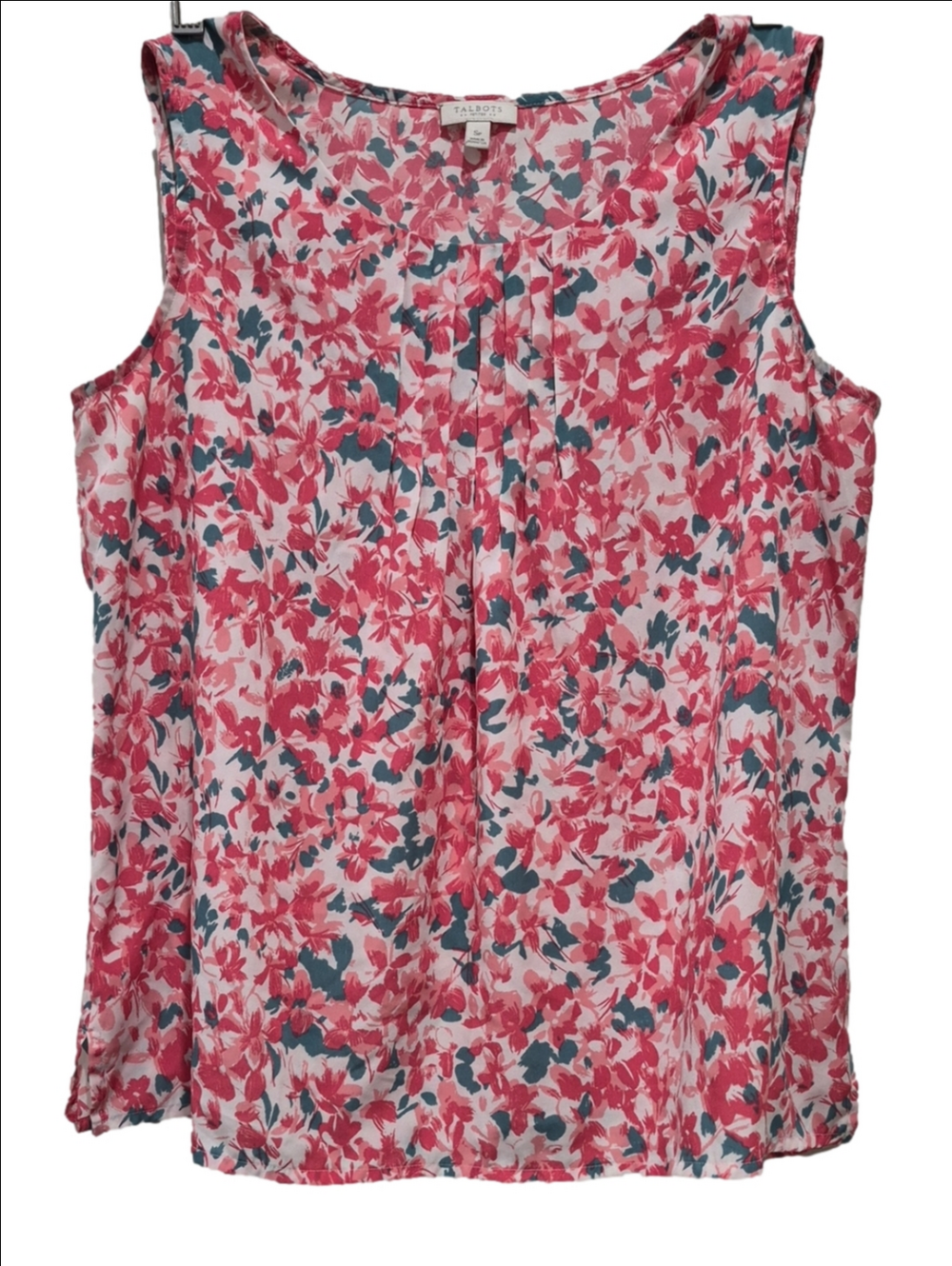 Talbots Floral Sleeveless Blouse Coral Teal Pleated Neck Size Sp